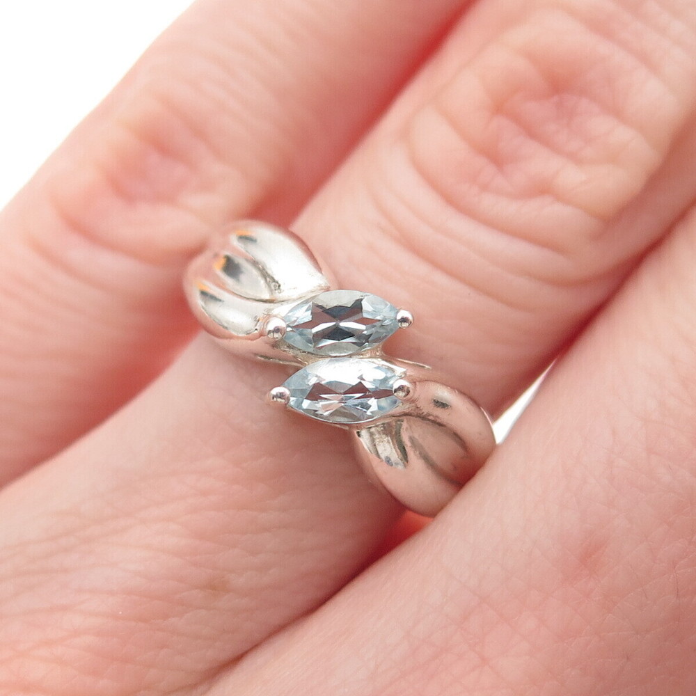 925 Sterling Silver Vintage Real Marquise-Cut Aquamarine Modernist Ring Size 6